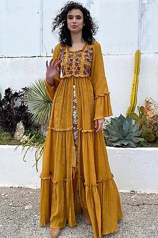 mustard embroidered front open dress for girls