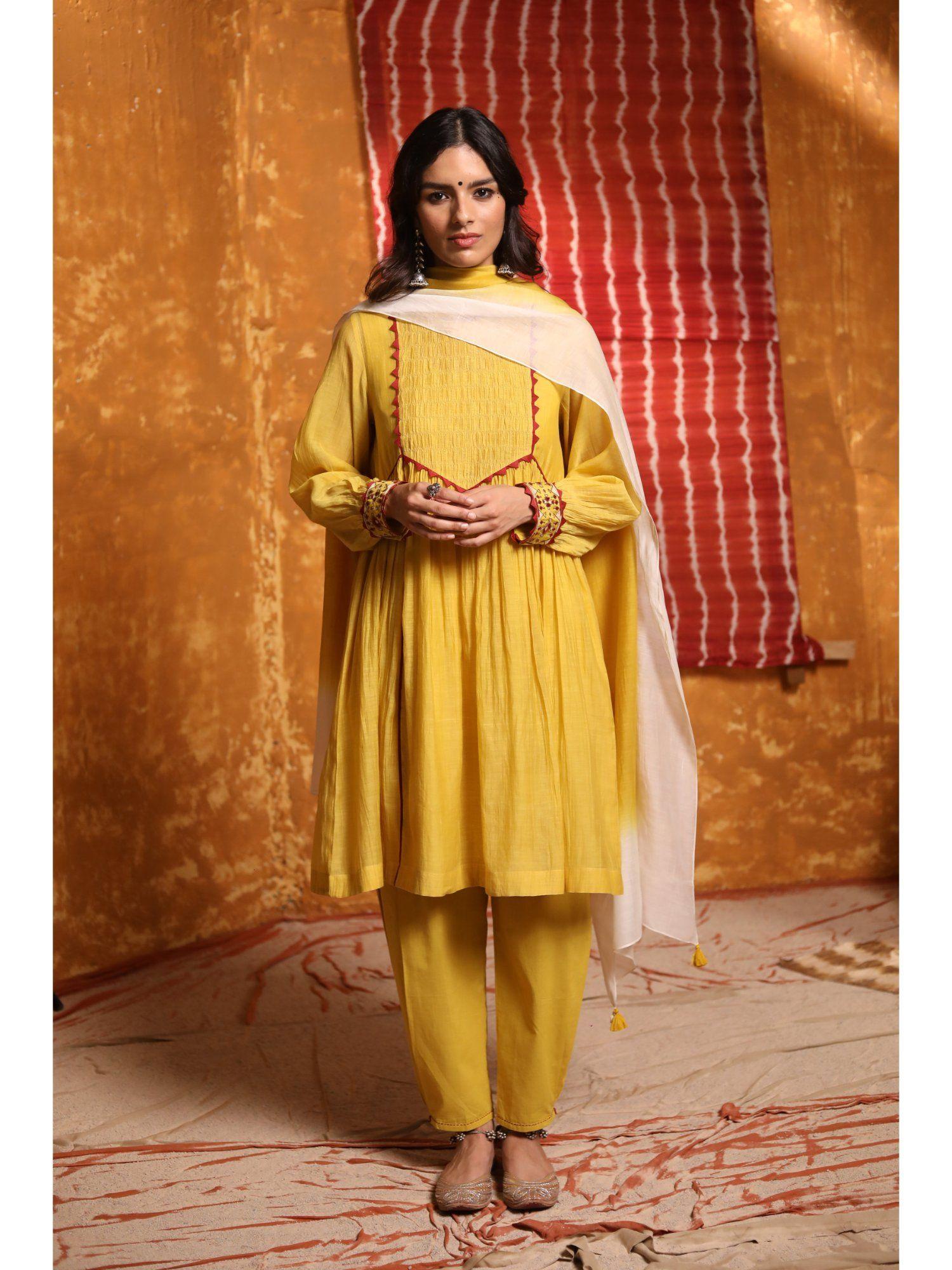 mustard embroidered full sleeves kurta with pant & dupatta (set of 3)