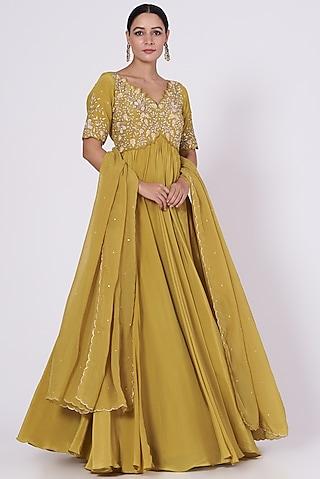 mustard embroidered kalidar anarkali set