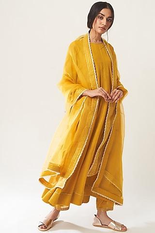 mustard embroidered kalidar kurta set