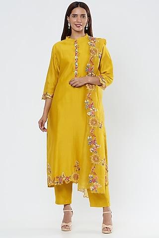 mustard embroidered kurta set