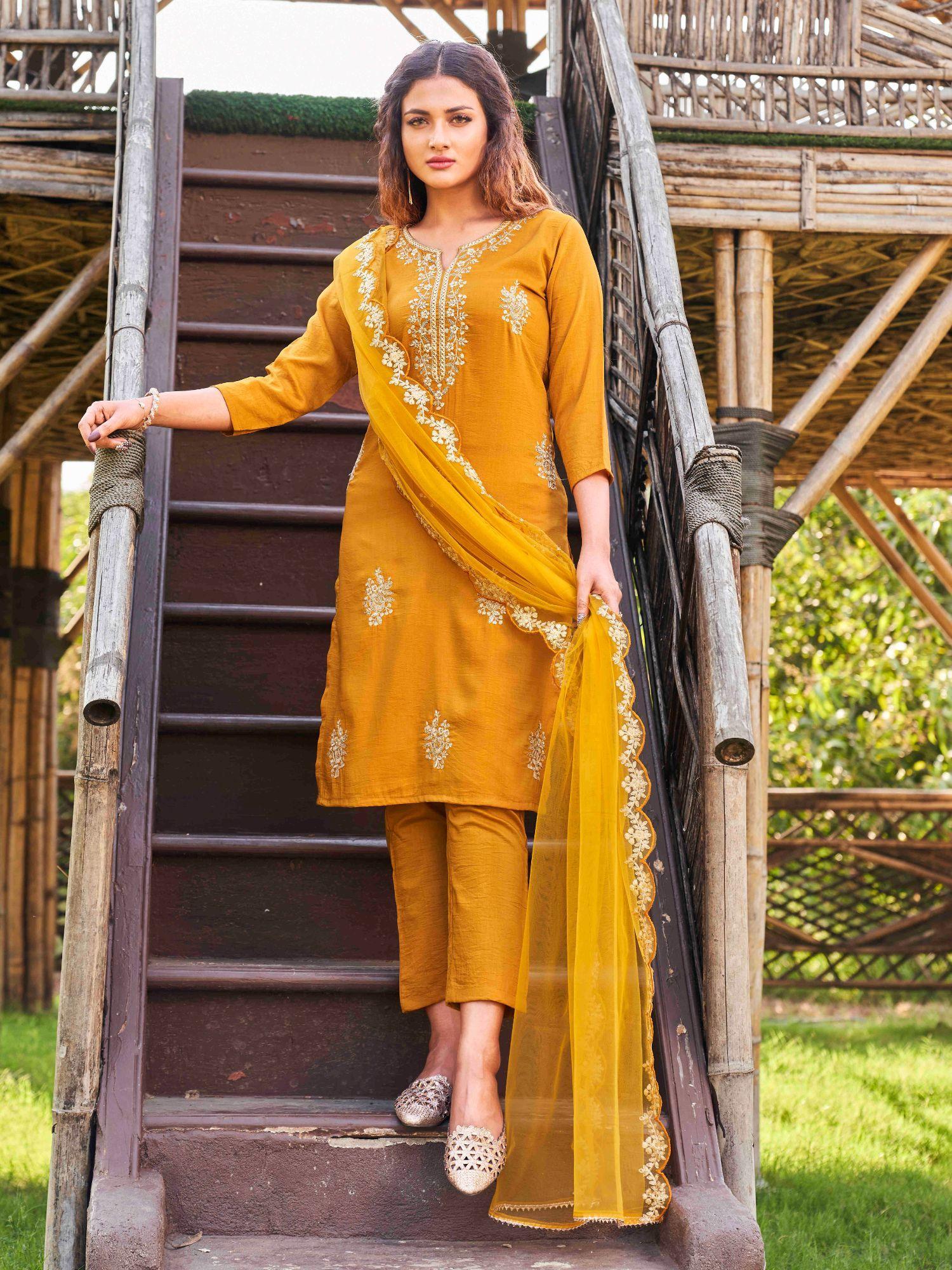 mustard embroidered kurta with embroidered net dupatta (set of 3)