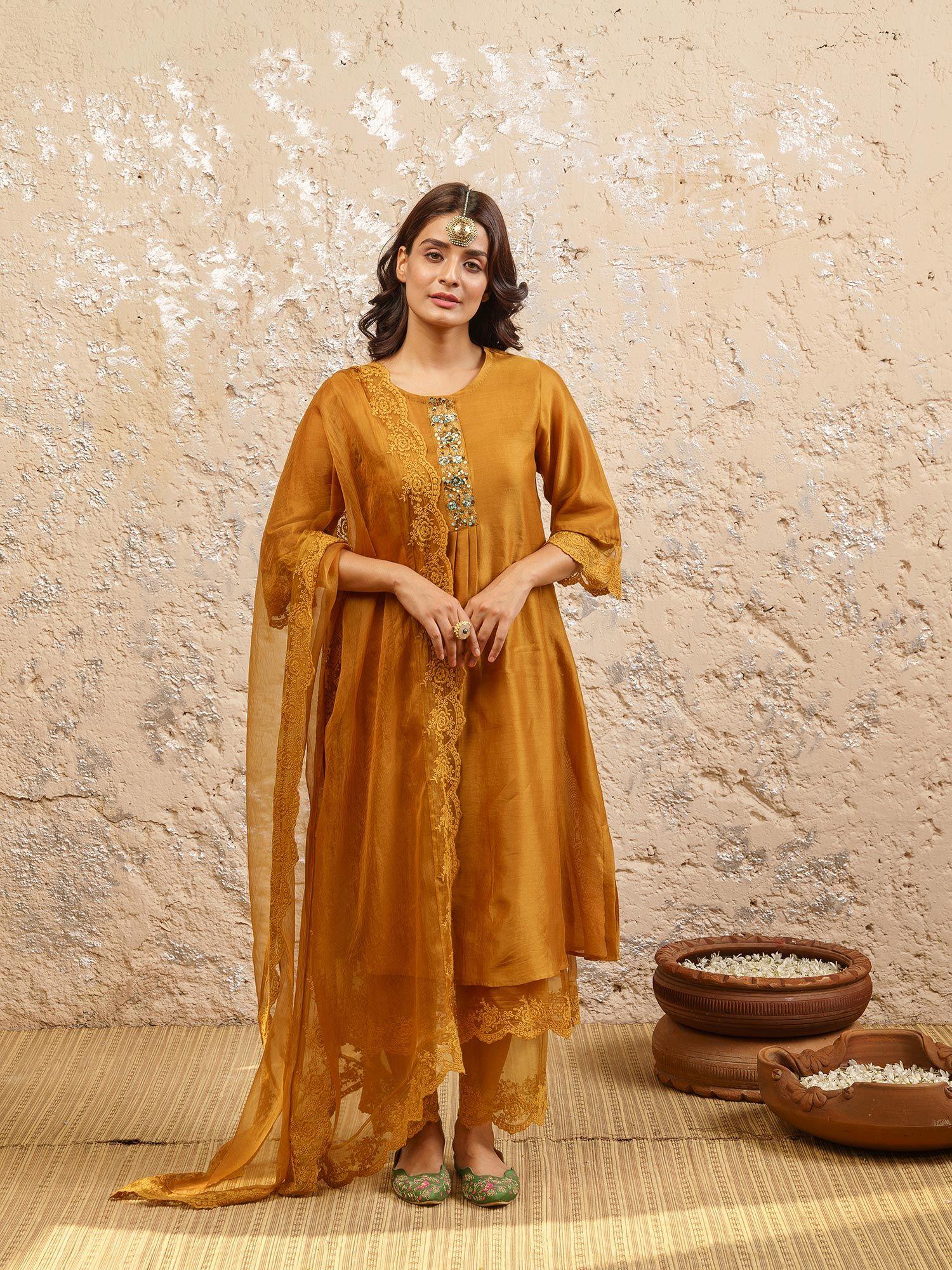 mustard embroidered kurta with pant and dupatta (set of 3)