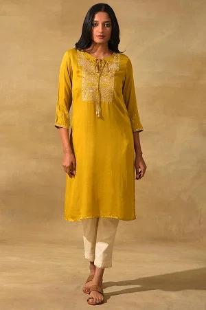 mustard embroidered lustrous satin kurta