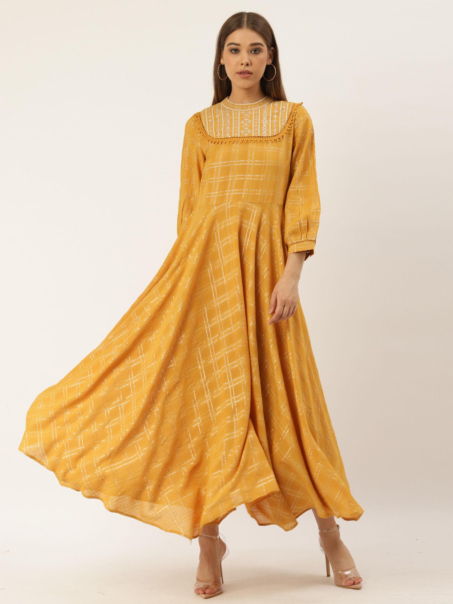 mustard embroidered neck maxi dress with camisole
