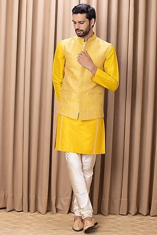mustard embroidered nehru jacket