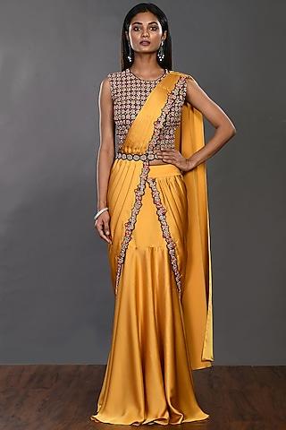 mustard embroidered pleated saree set