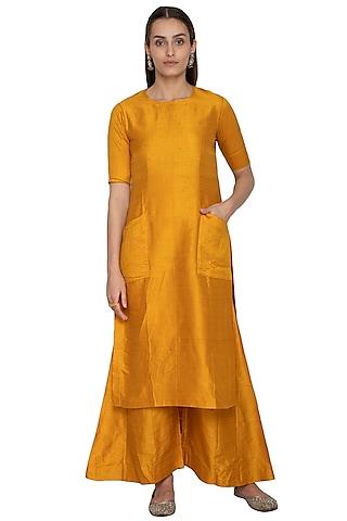 mustard embroidered raw silk kurta set