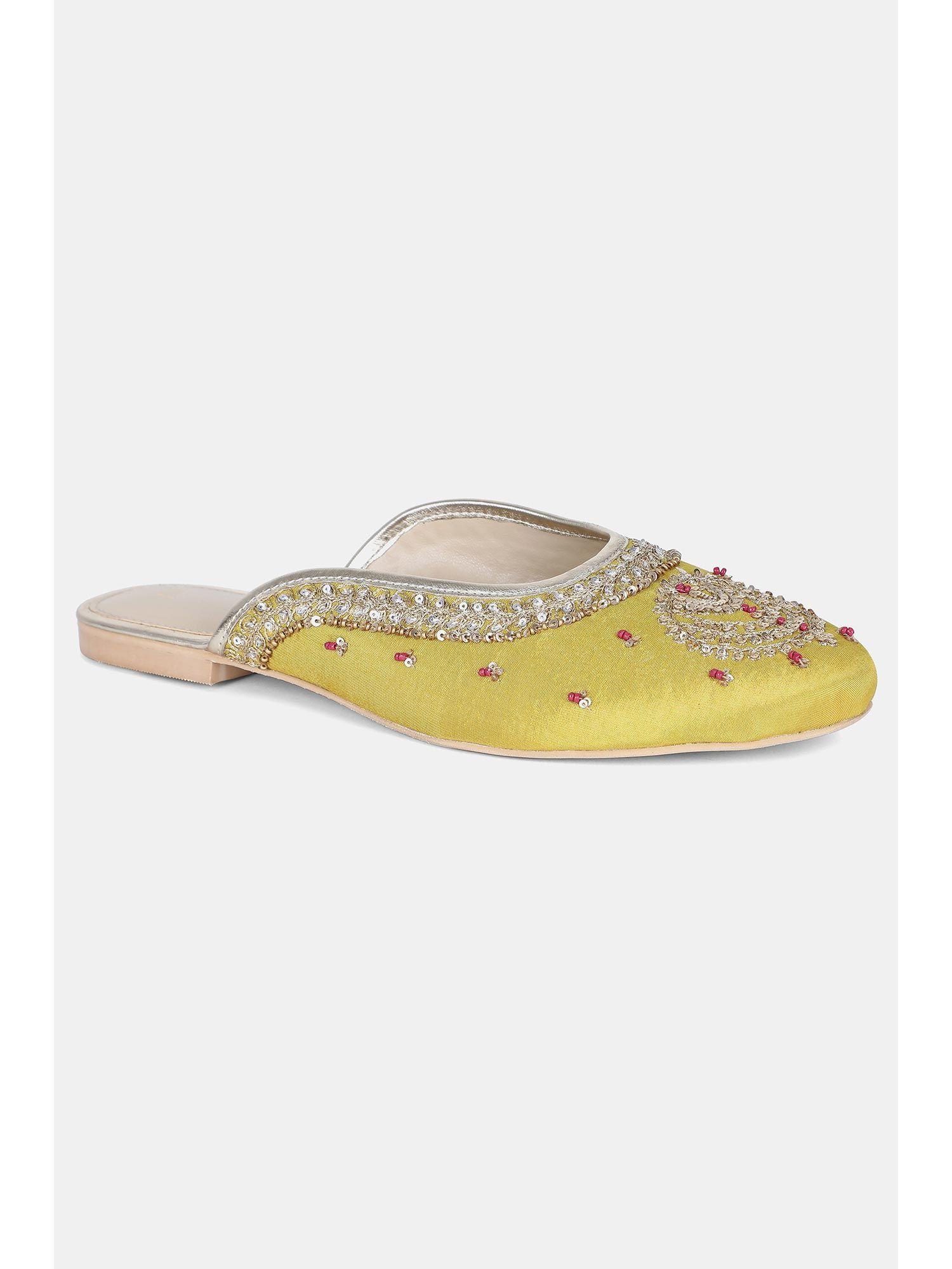 mustard embroidered round toe flat