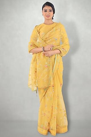 mustard embroidered saree set