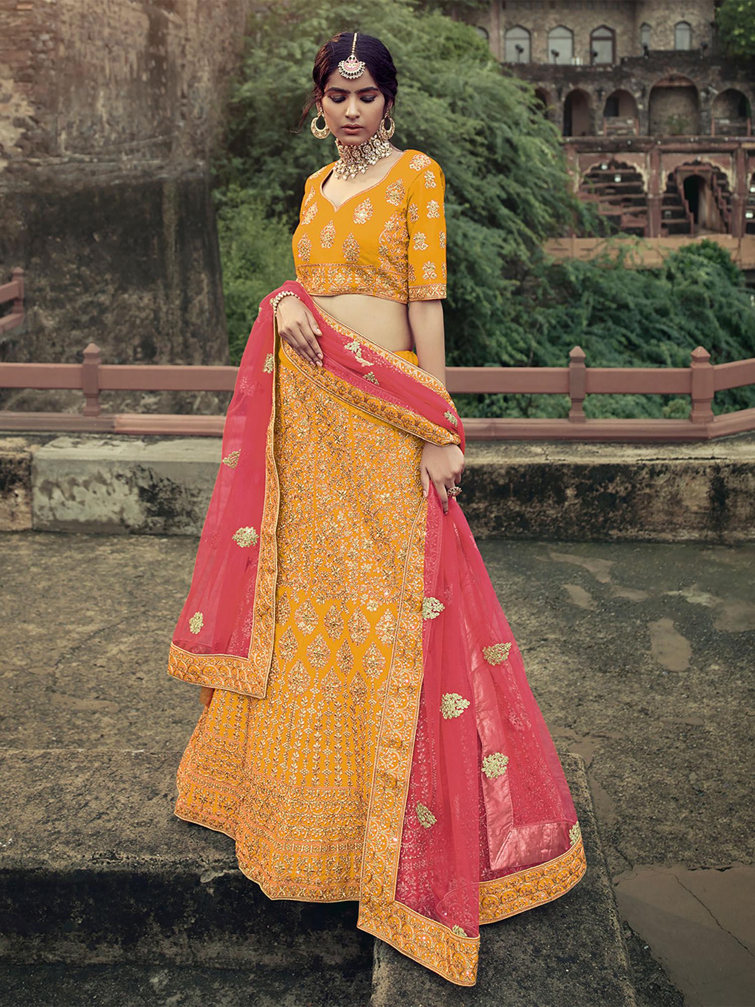 mustard embroidered semi stitched lehenga with unstitched blouse (set of 3)