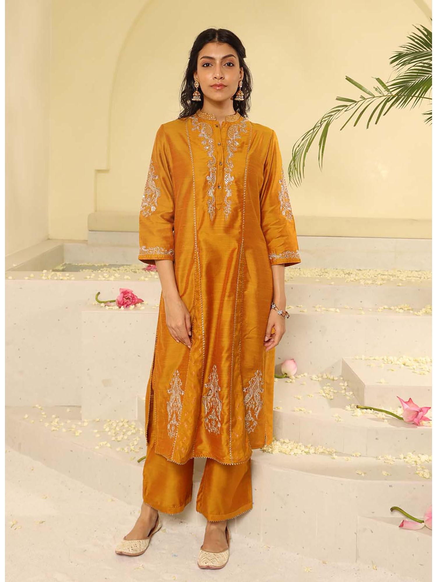 mustard embroidered sequins work kurta (set of 2)