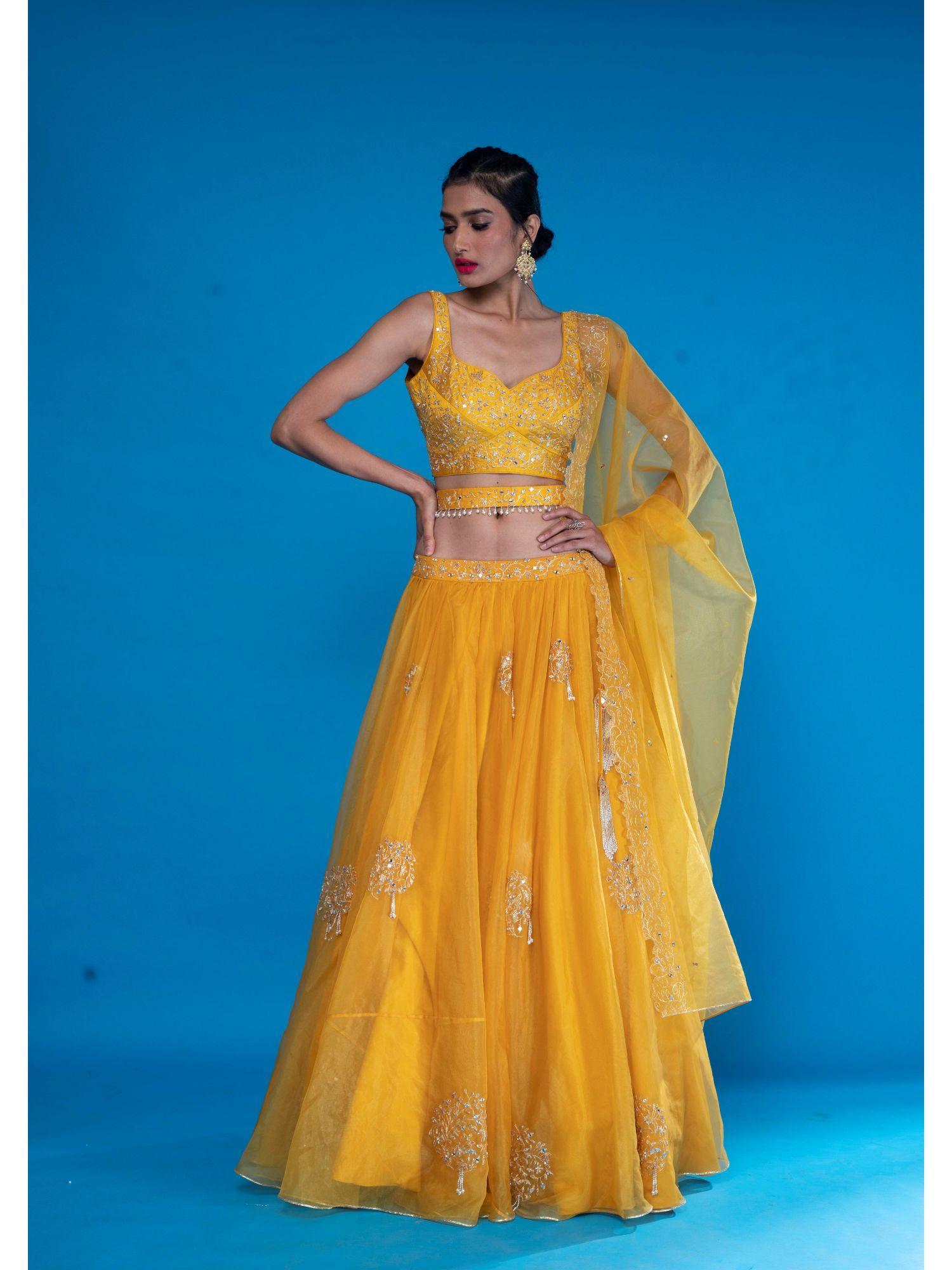mustard embroidered stitched blouse- lehenga paired with dupatta and belt (set of 4)