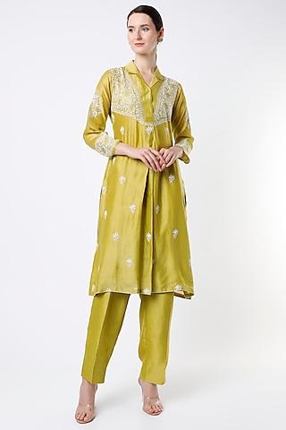 mustard embroidered straight kurta set