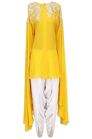 mustard embroidered tunic with off white dhoti pants