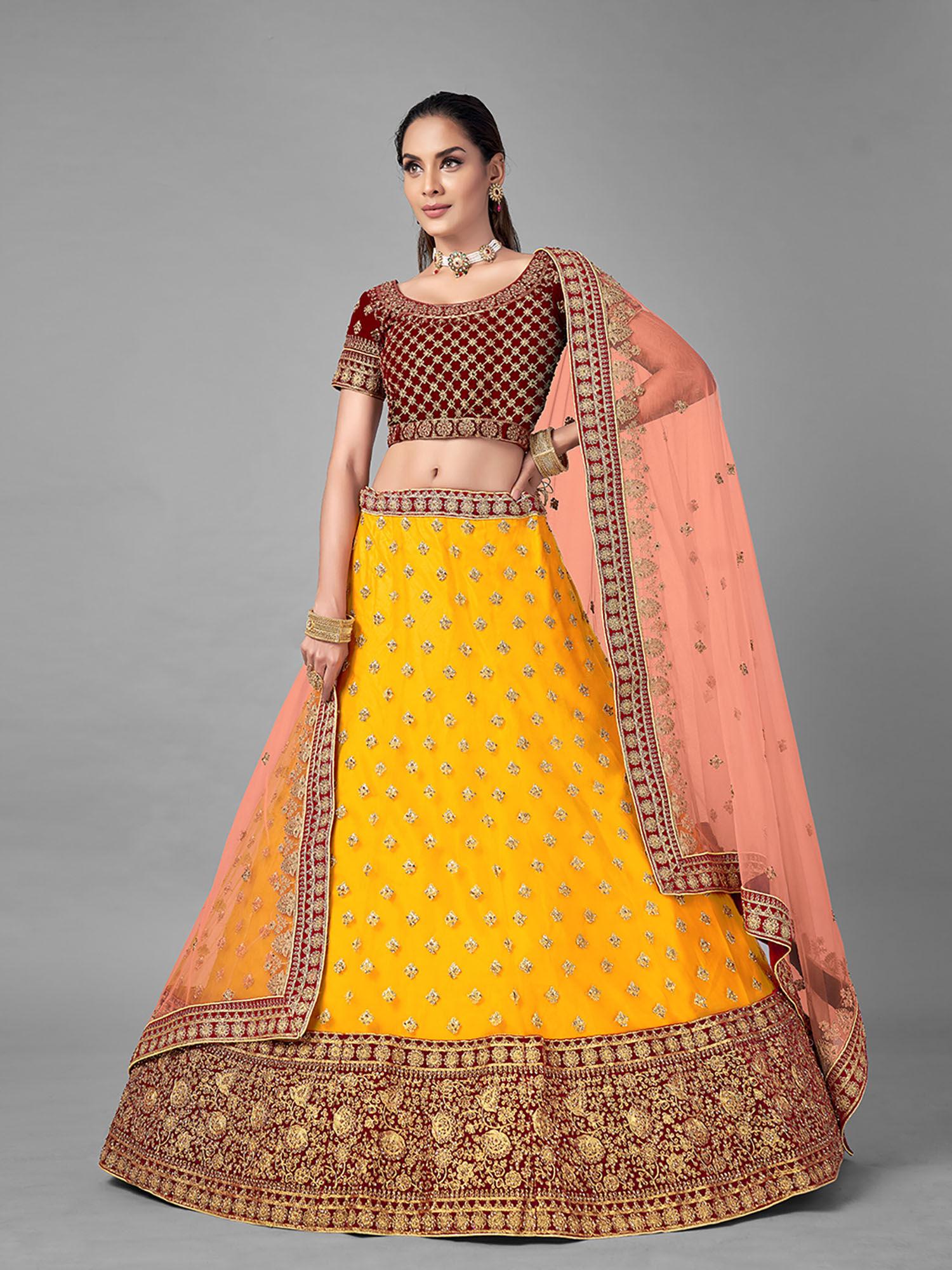 mustard embroidered velvet semi stitched lehenga with unstitched blouse (set of 3)