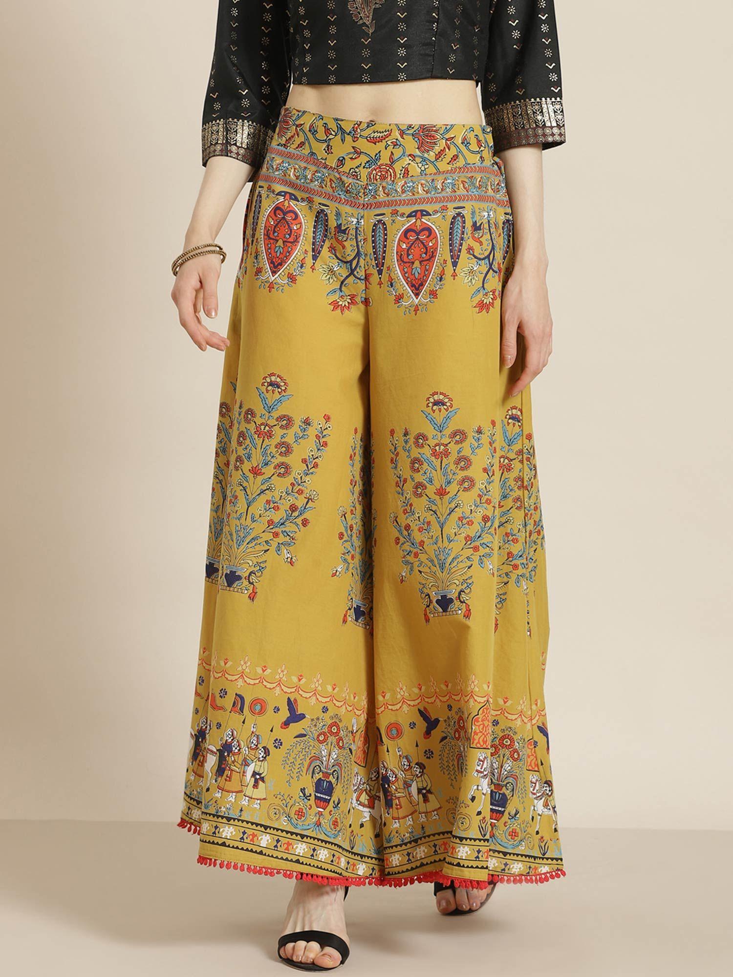 mustard ethnic motif printed flared cotton women palazzo with one pocket