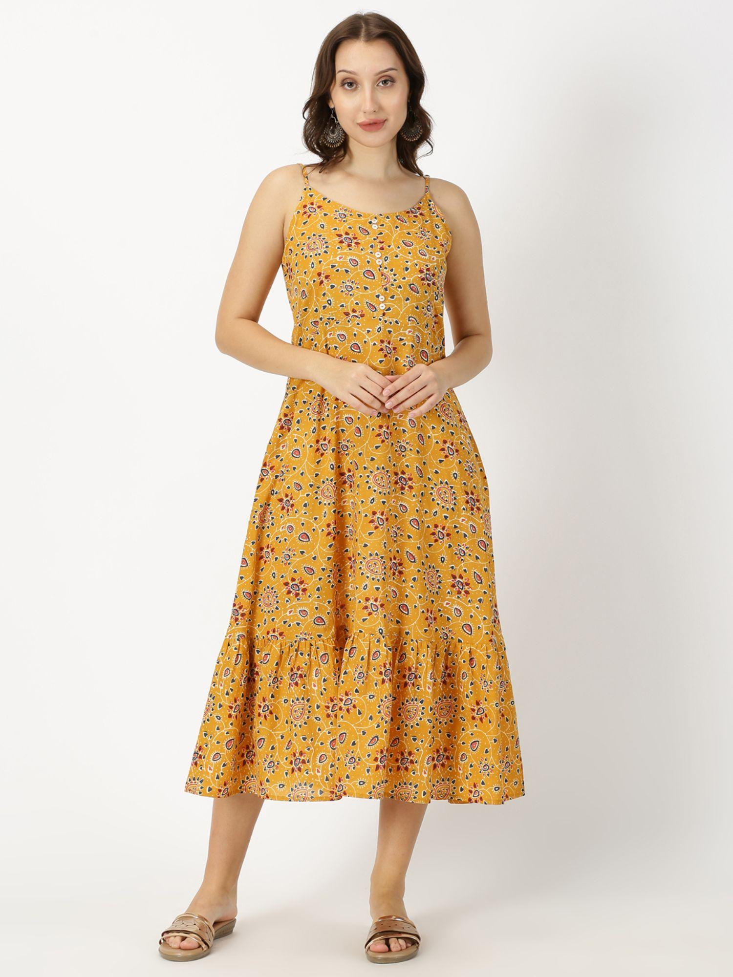 mustard ethnic motifs print strappy midi dress