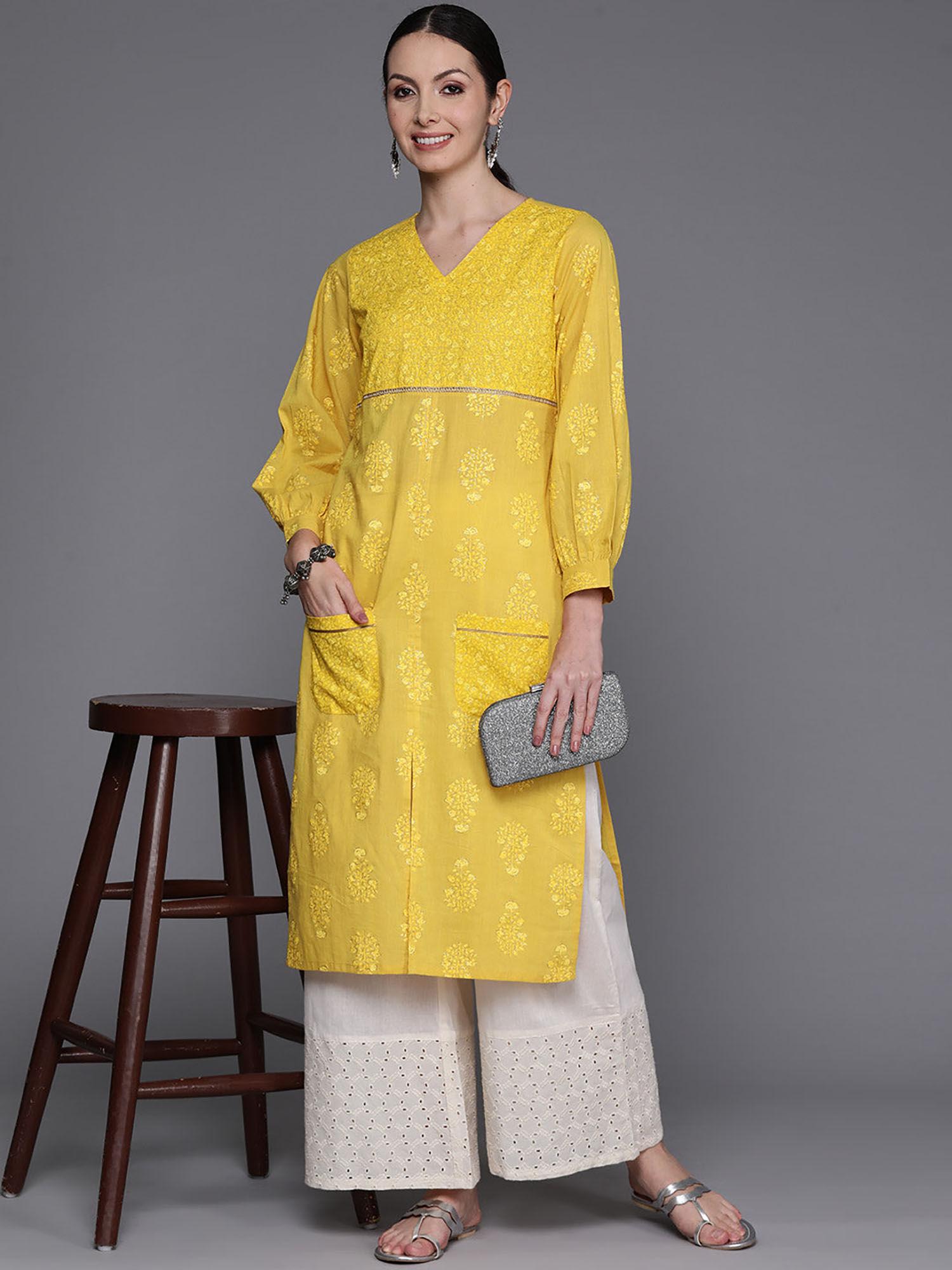 mustard ethnic motifs printed puff sleeves gotta patti kurta