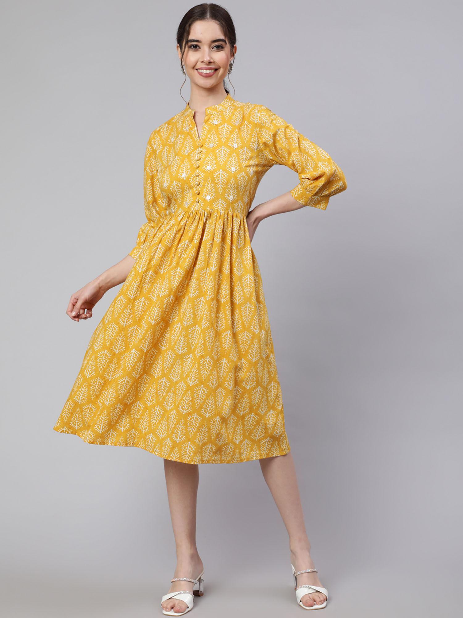 mustard ethnic printed flared dress