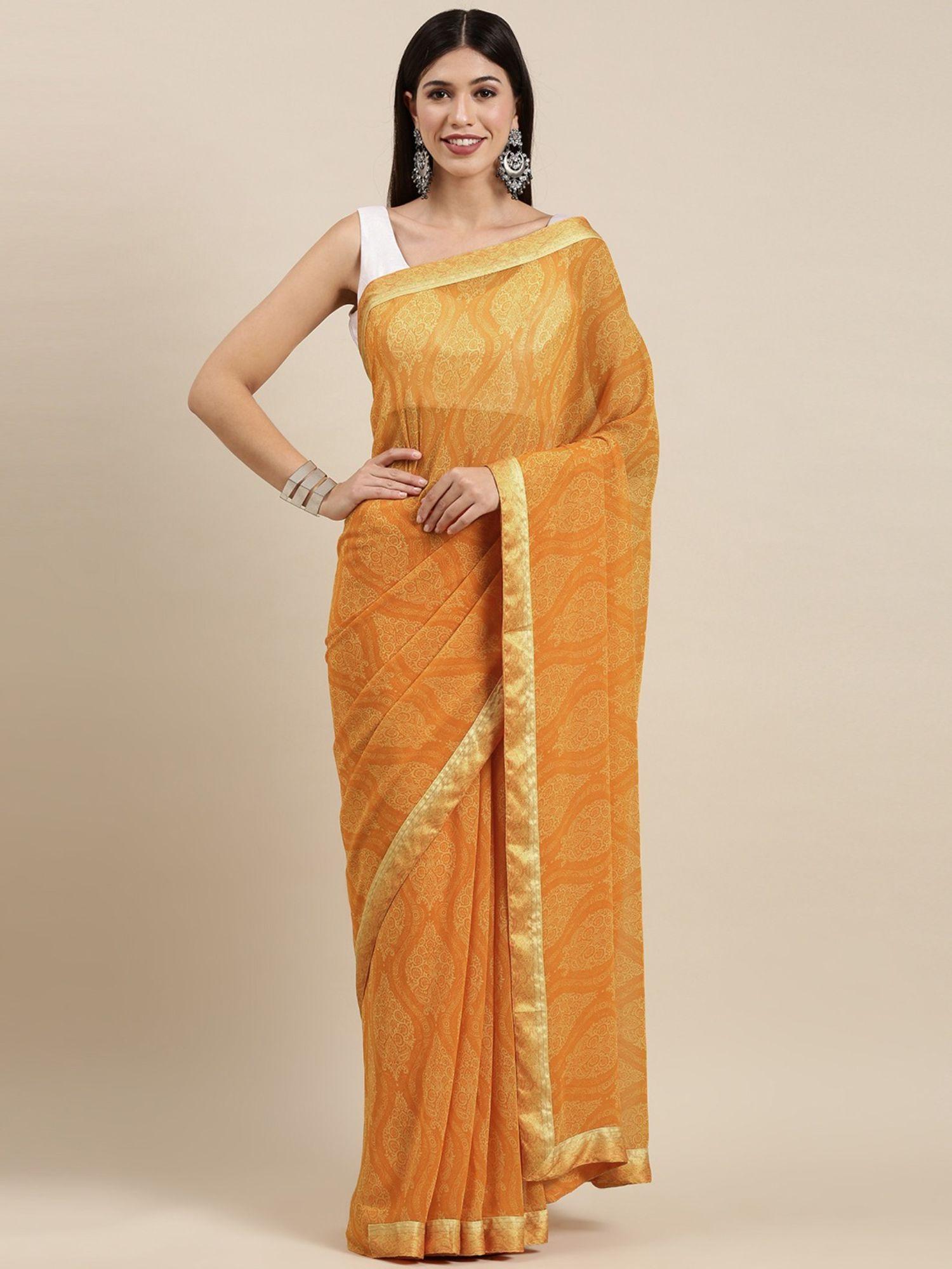 mustard ethnic printed saree with unstitched blouse