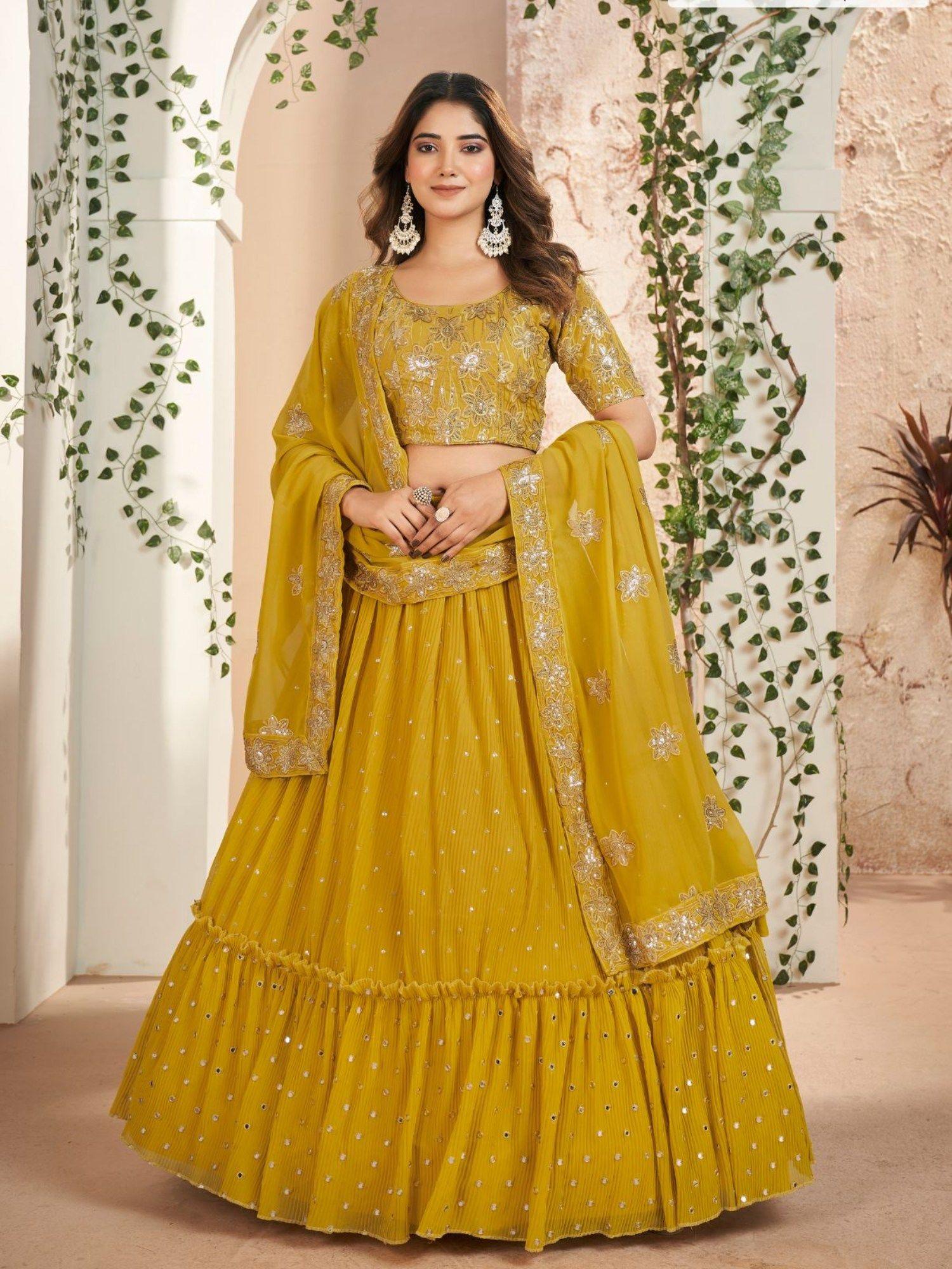 mustard faux georgette embroidered semi stitched lehenga with unstitched blouse (set of 3)