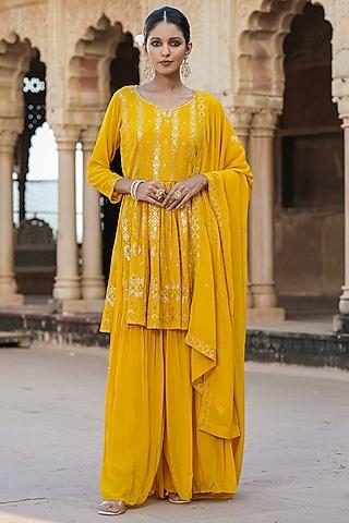 mustard faux georgette hand embellished peplum kurta set