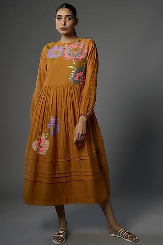 mustard fine chanderi embroidered dress