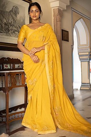 mustard fine handloom chanderi silk resham embroidered saree
