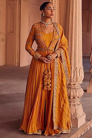 mustard fine silk cutdana work anarkali set