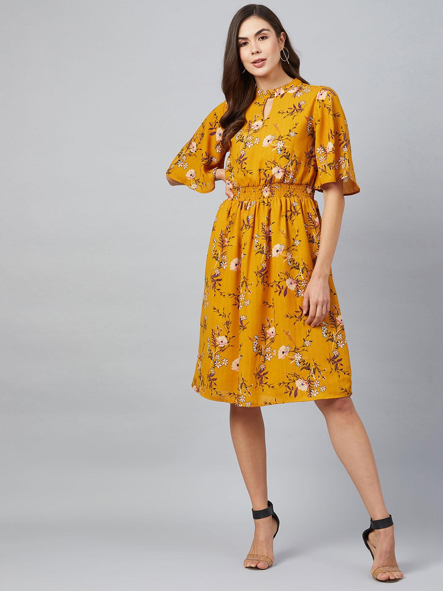 mustard flared floral knee length dress