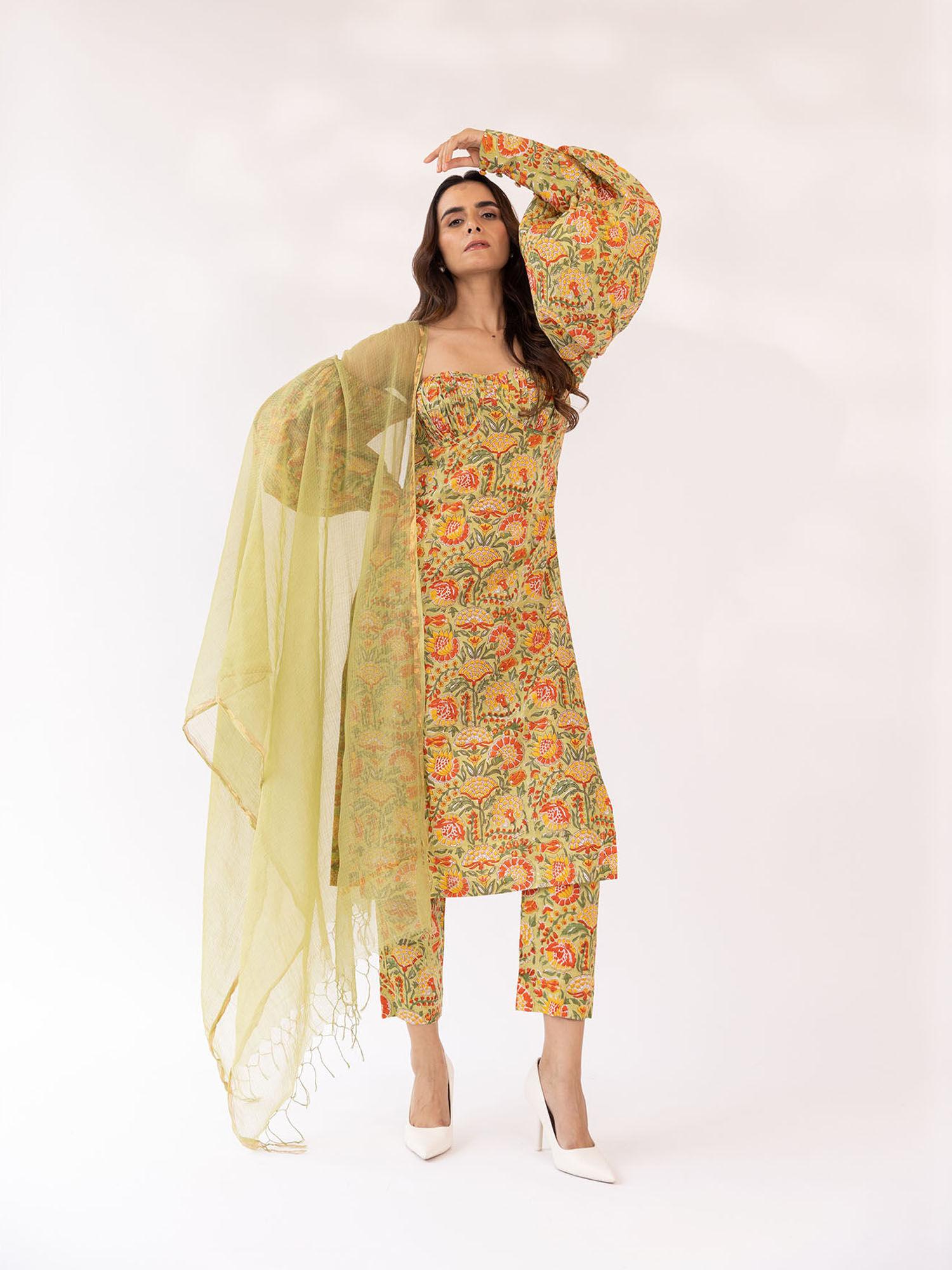 mustard floral balloon sleeve strapless tube kurta with pant & dupatta (set of 3)