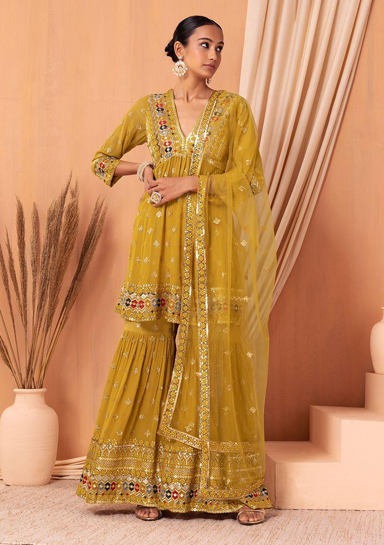 mustard floral boota embroidered gharara set with peplum kurta and dupatta