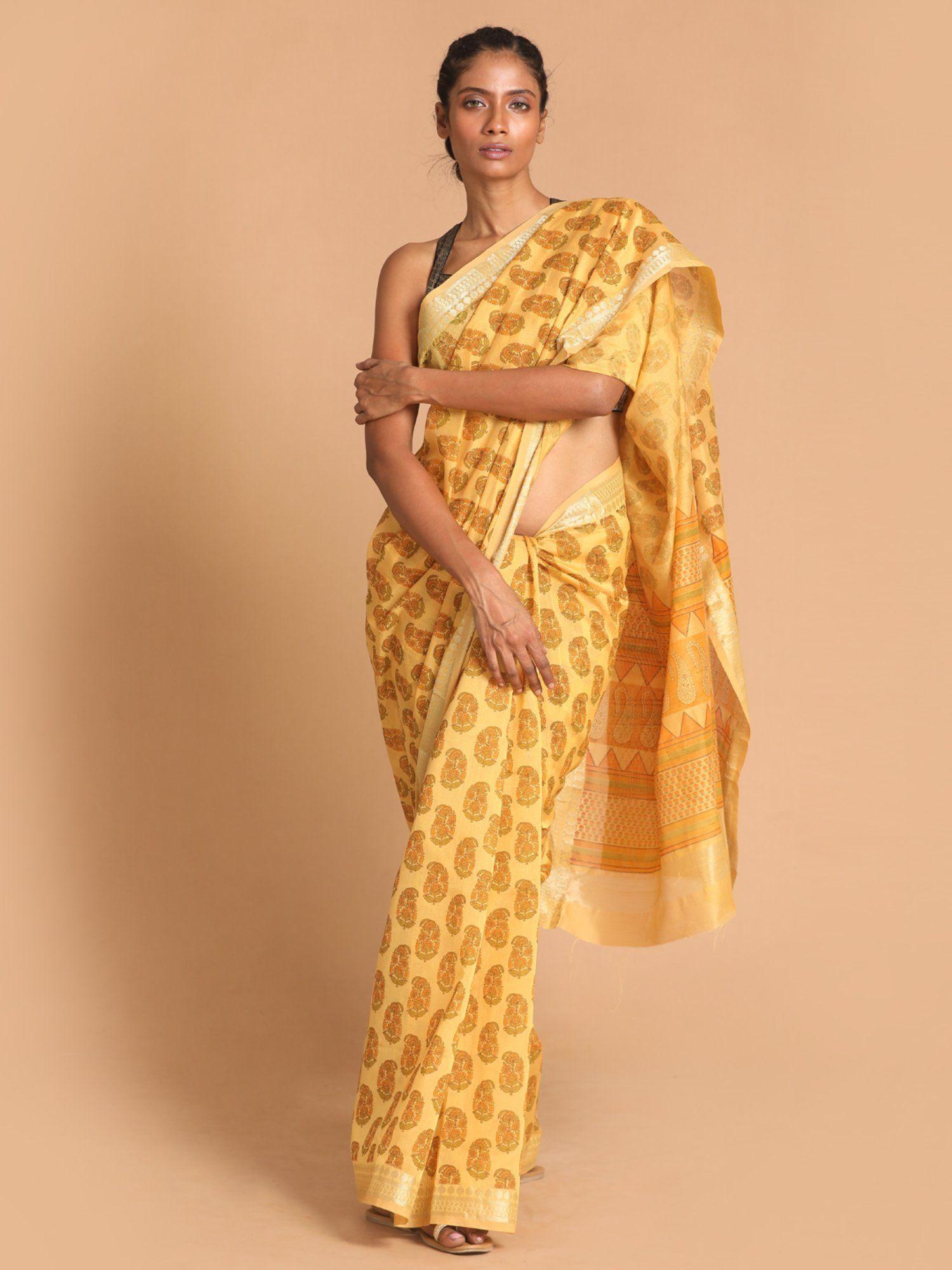 mustard floral cotton blend saree with unstitched blouse