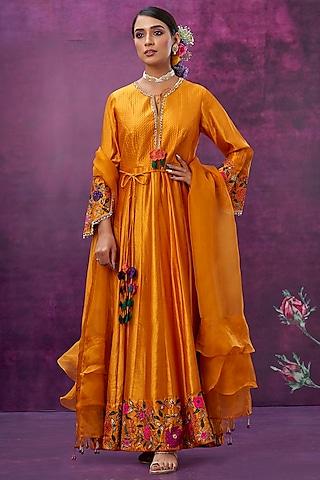 mustard floral embroidered anarkali set