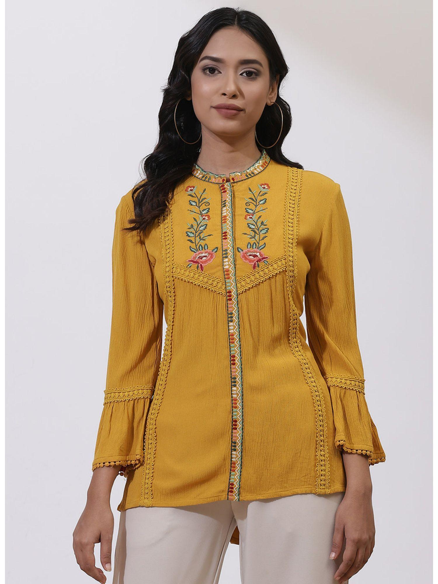 mustard floral embroidered nargis kurti