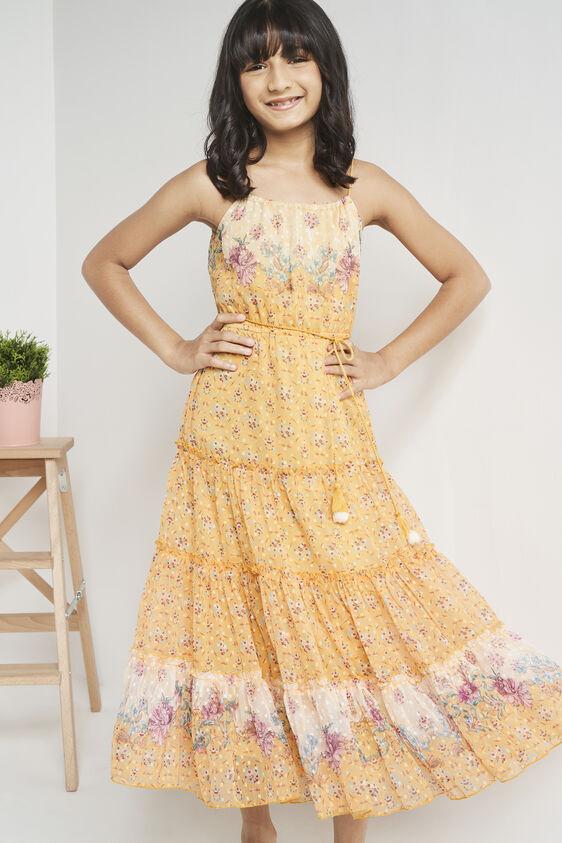 mustard floral flounce gown