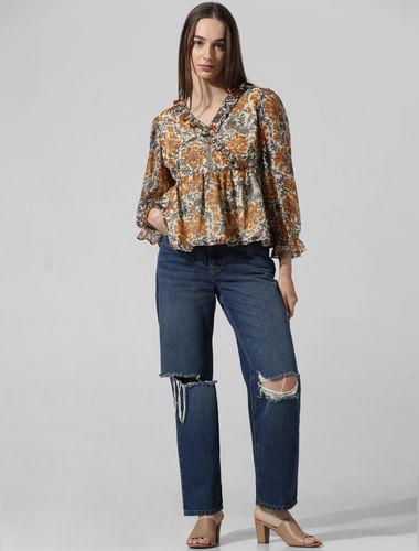 mustard floral flounce top