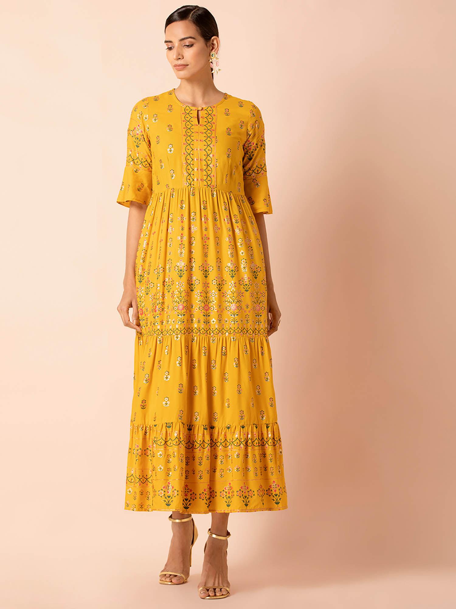 mustard floral foil bell sleeve tiered maxi tunic