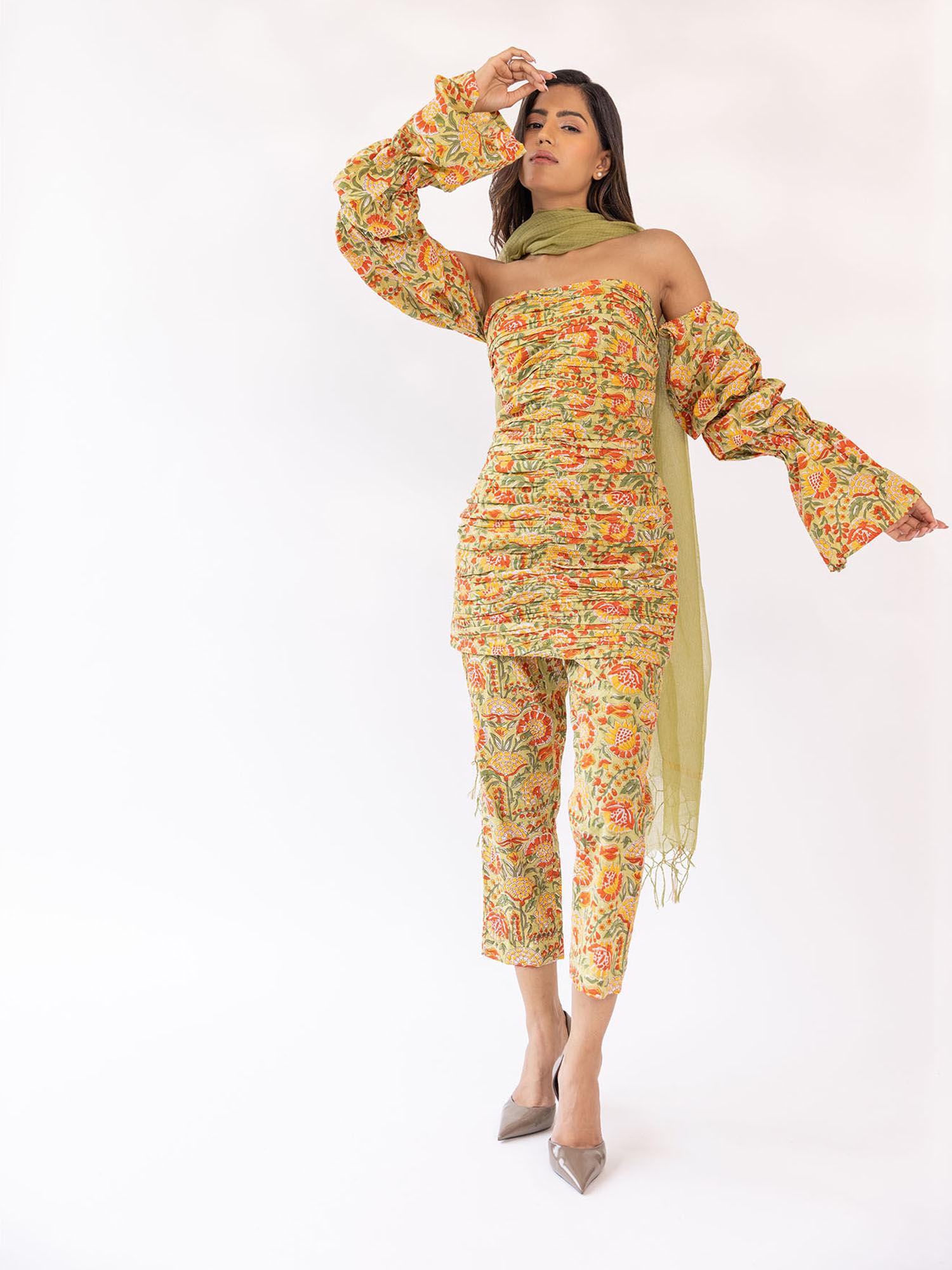 mustard floral full sleeves strapless tube kurta with pant & dupatta (set of 3)