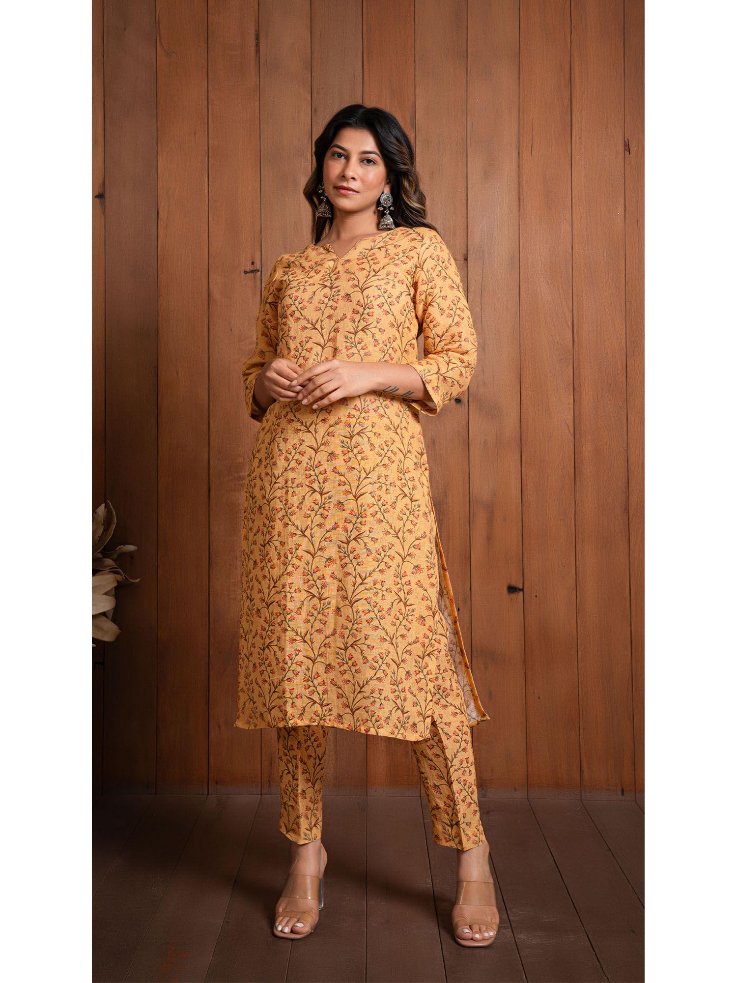 mustard floral jaal pure linen kurta with pant (set of 2)