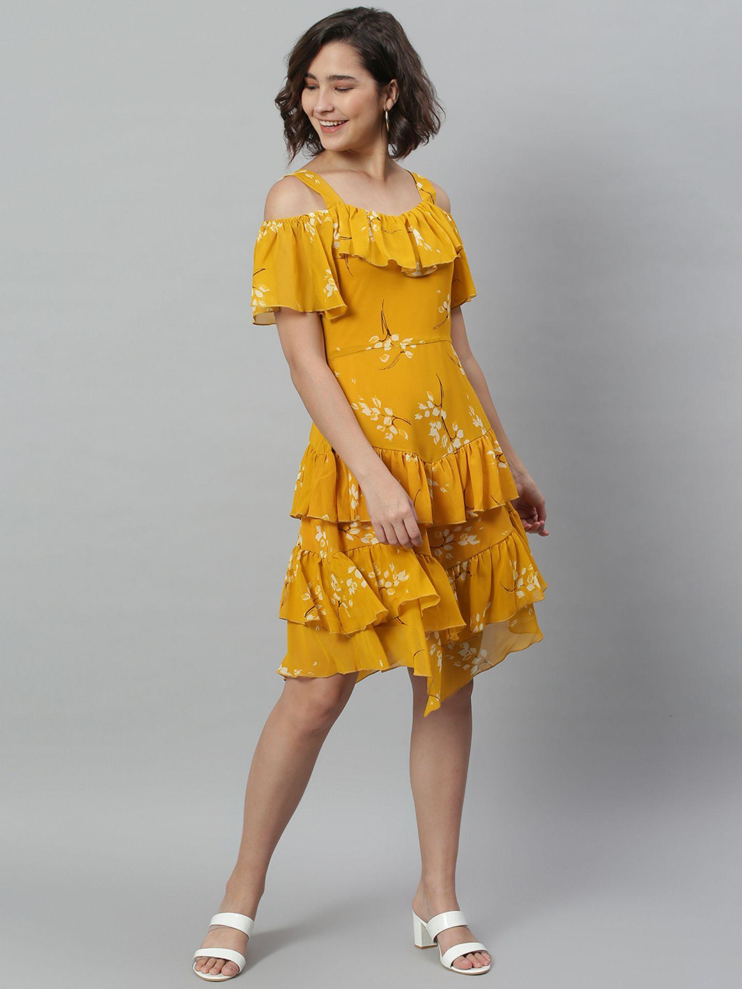 mustard floral layered ruffle dress