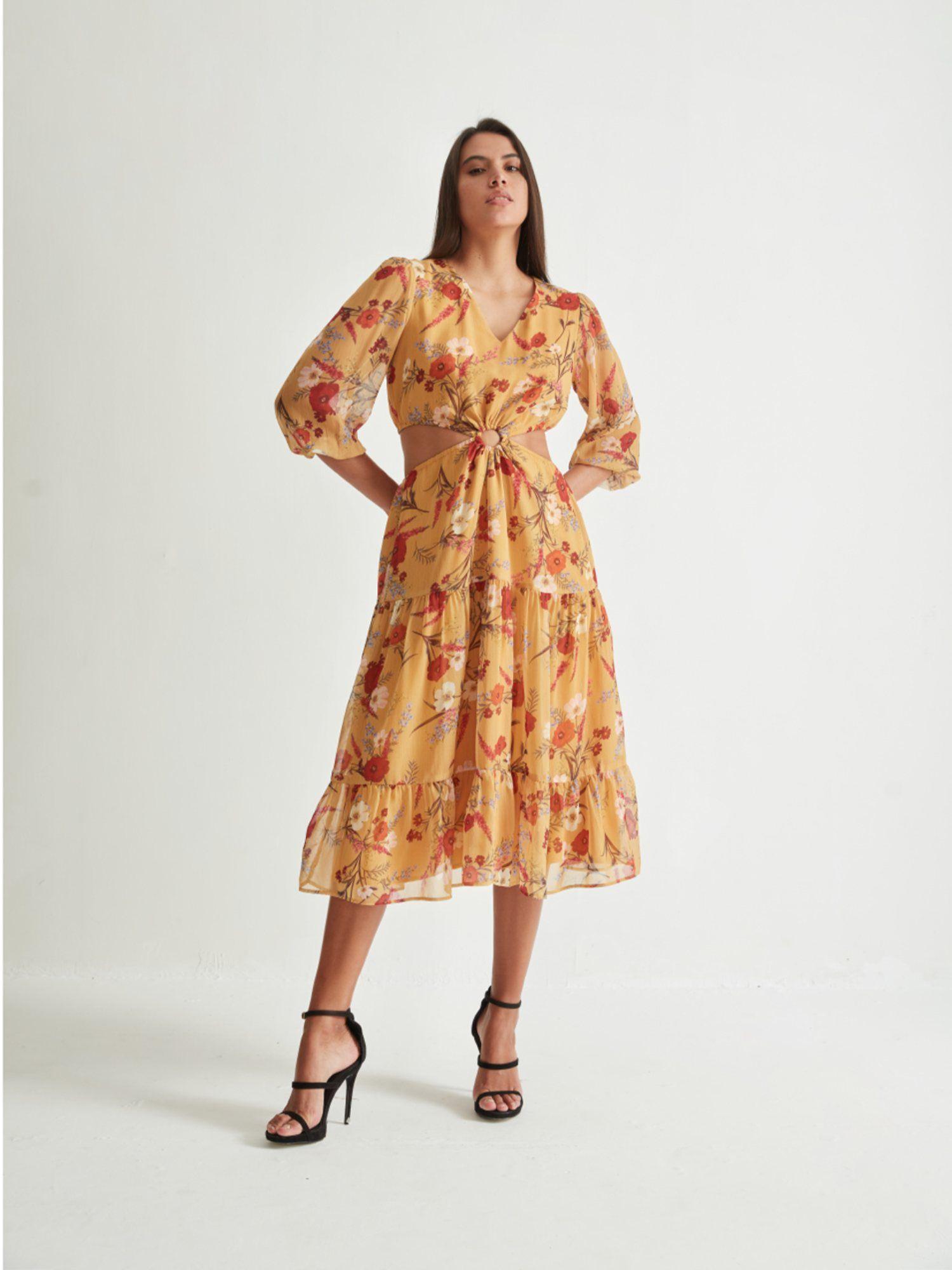 mustard floral midi dress