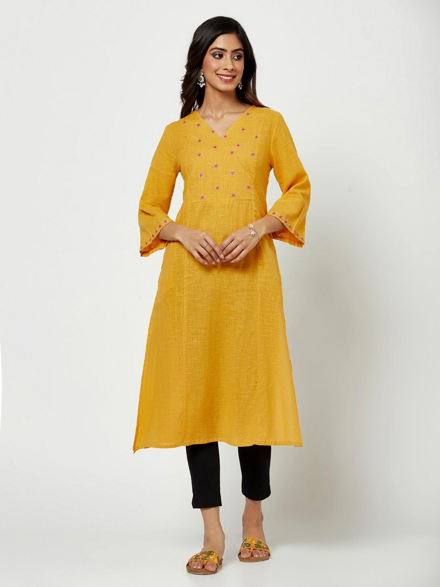 mustard floral print embellished a line kurta