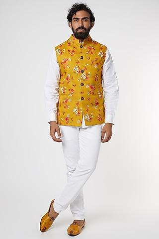 mustard floral printed bundi jacket