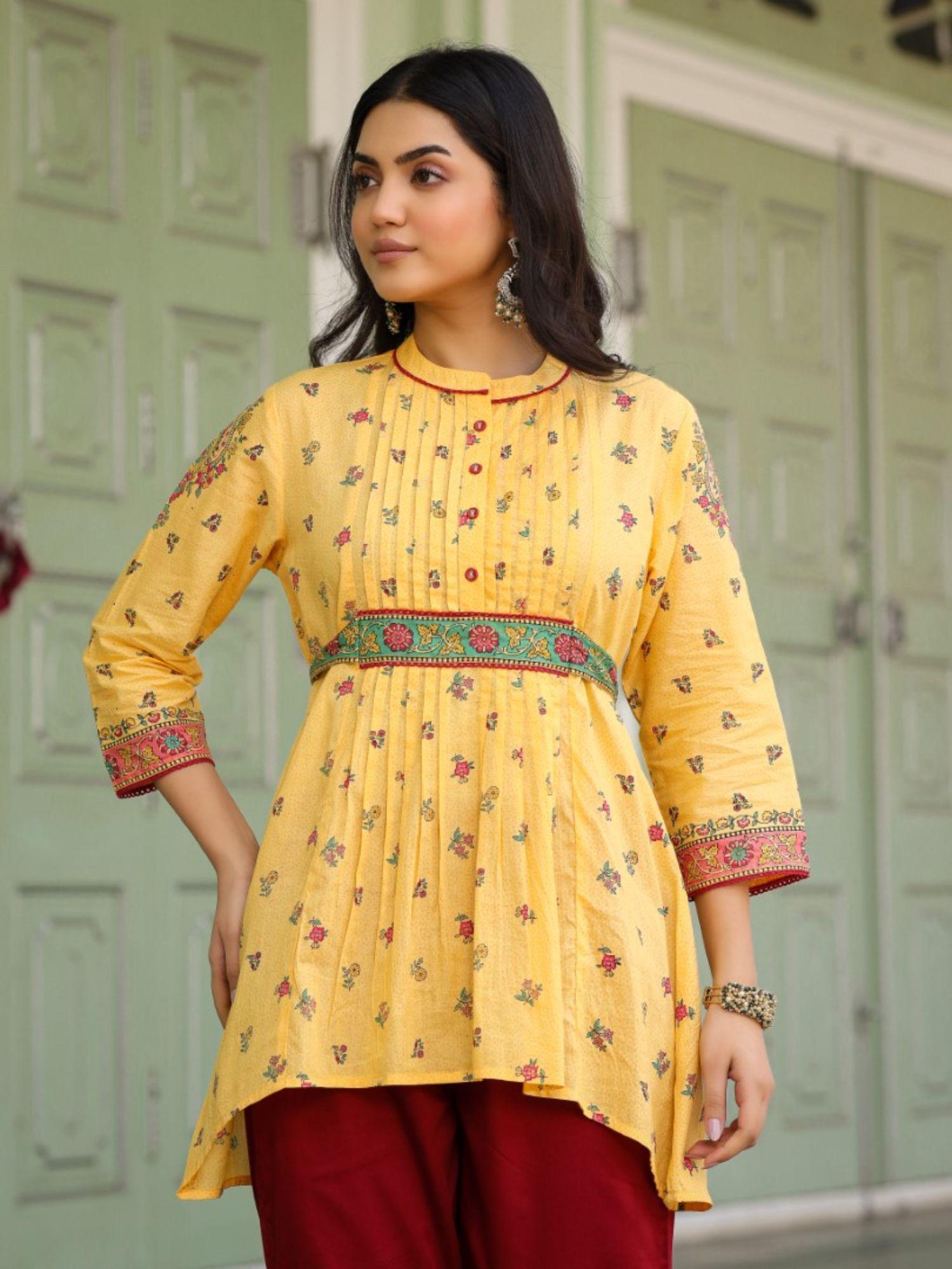 mustard floral printed cotton voile tunic with lace work