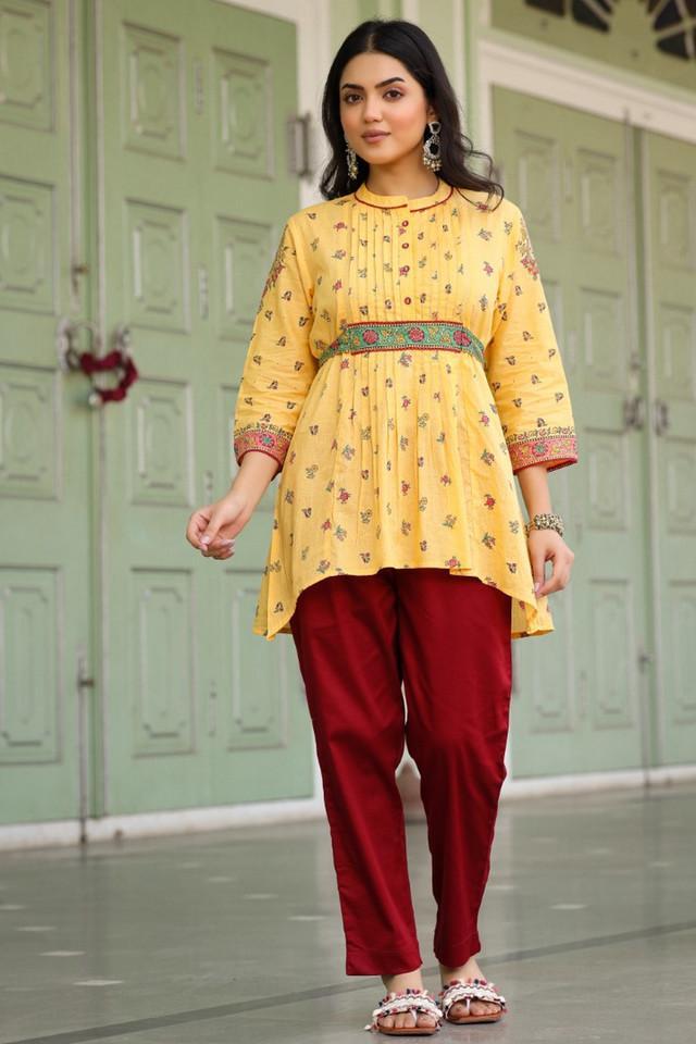 mustard floral printed cotton voile tunic with lace work