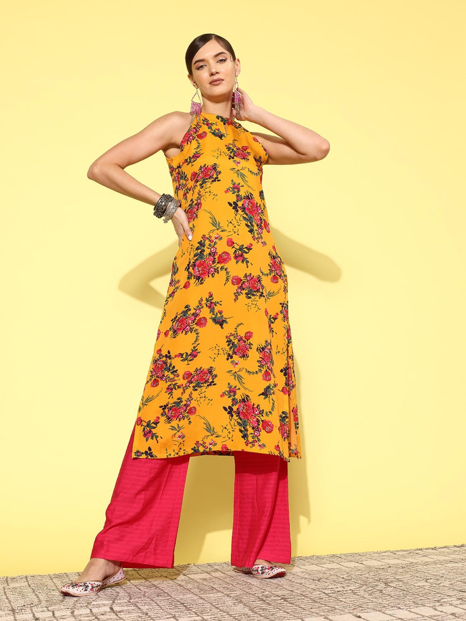 mustard floral printed halter neck straight kurta with side slits