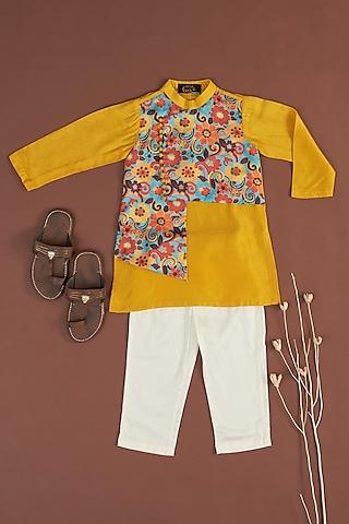 mustard floral printed kurta set for boys