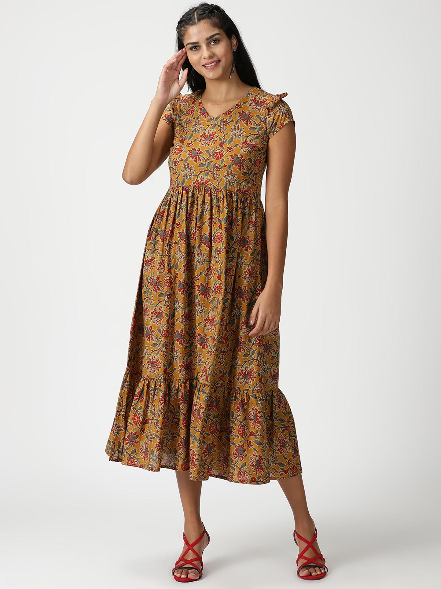 mustard floral printed midi dress with flounce hem